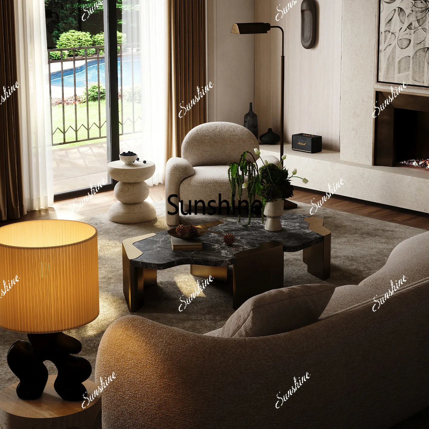 

Medieval luxury stone coffee table, living room coffee table combination, special-shaped retro coffee table