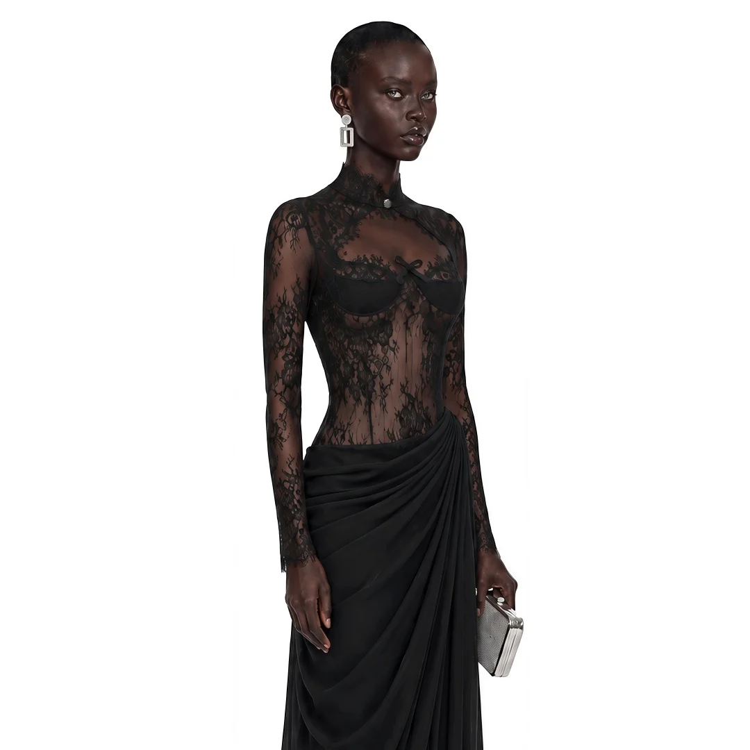 Vestido de Noche Cathy Personalizado Negro con Pliegues Drapeados, Malla Ilusoria, Vestidos de Noche con Encaje Bordado, Vestidos de Noche Sexys 2026