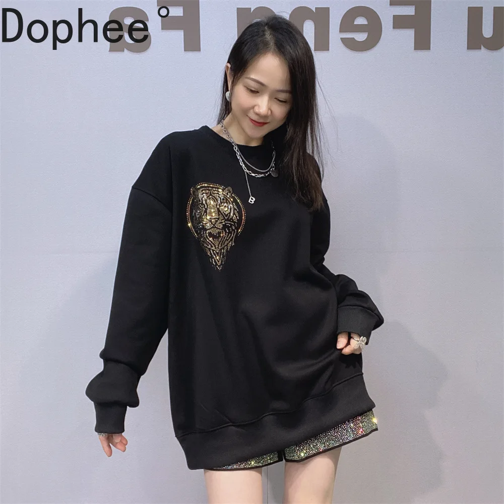 Trendy Autumn Winter Solid Color Basic Sweatshirt Round Neck Long Sleeve Hoodie Top Thicken Fleece Mid-long Casual Pullovers
