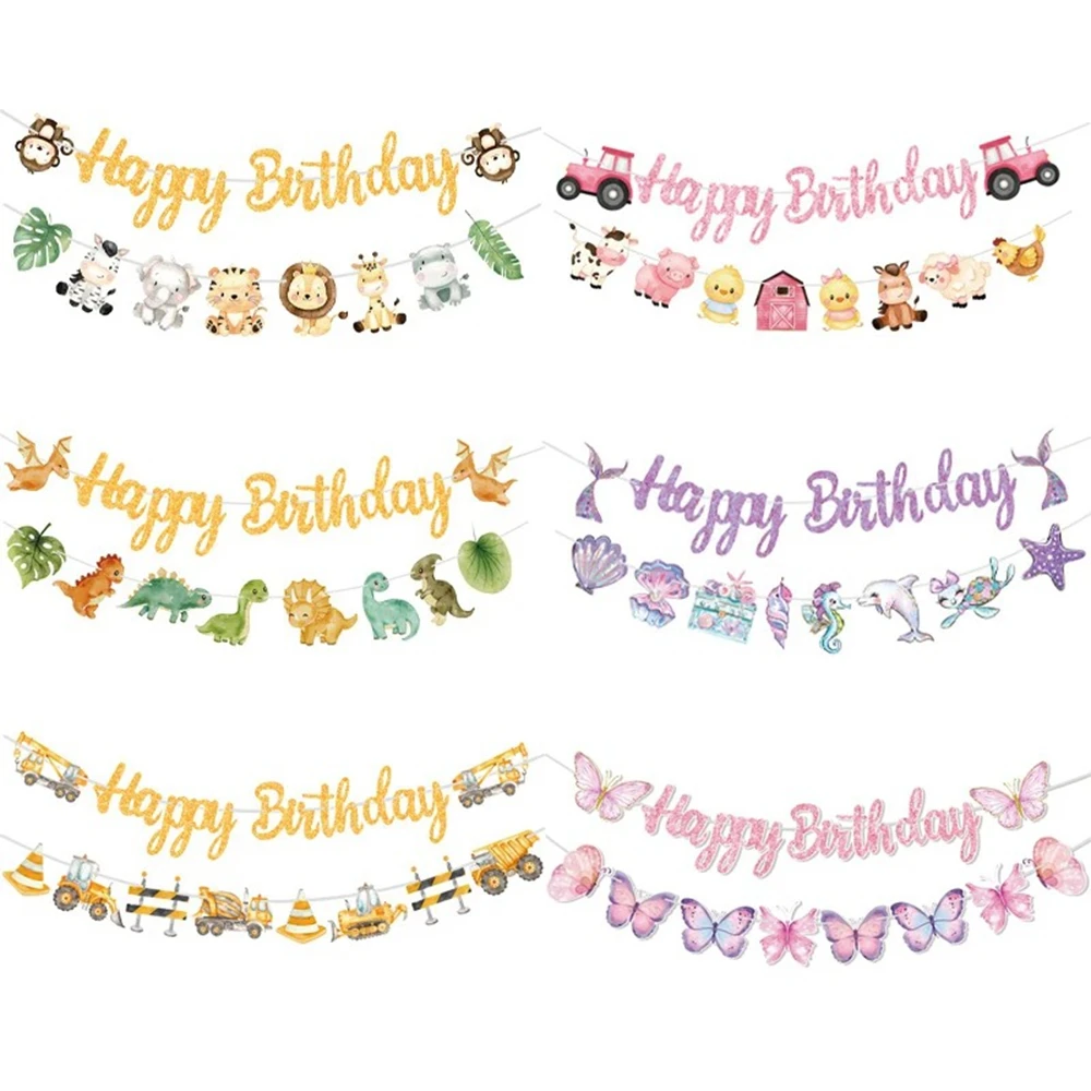 1 Set Farm Animal Banner Paper Garland Mermaid Dinosaur Jungle Theme Butterfly Hanging Pendant Kids Birthday Party Decor Supply