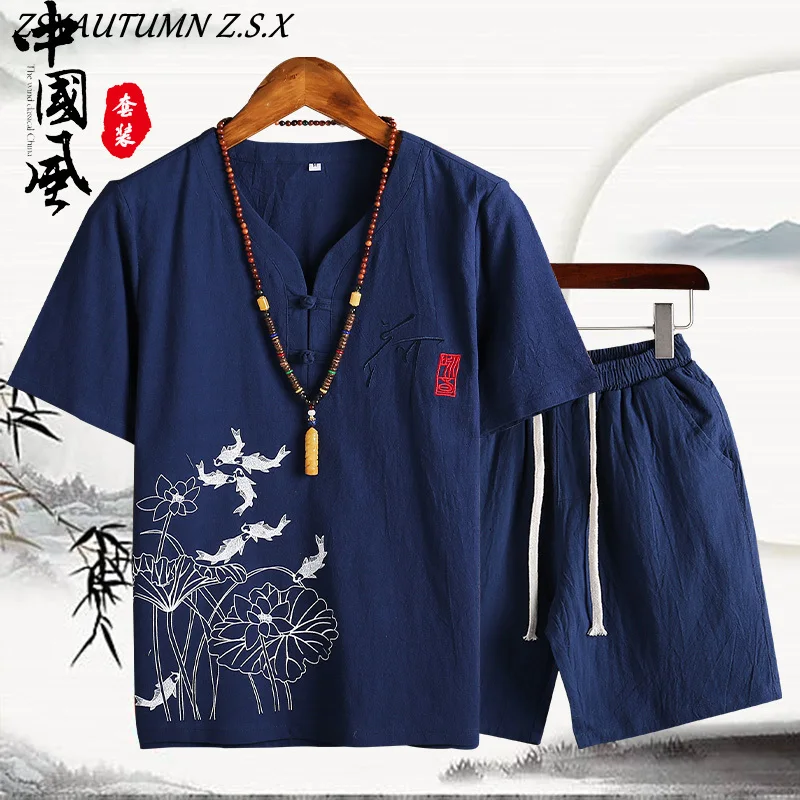 Chinese Style T Shirt +Shorts Men Set Harajuku T Shirt 2023 Summer Mens Linen Cotton Solid Casual Men Short Sleeve T Shirts Suit