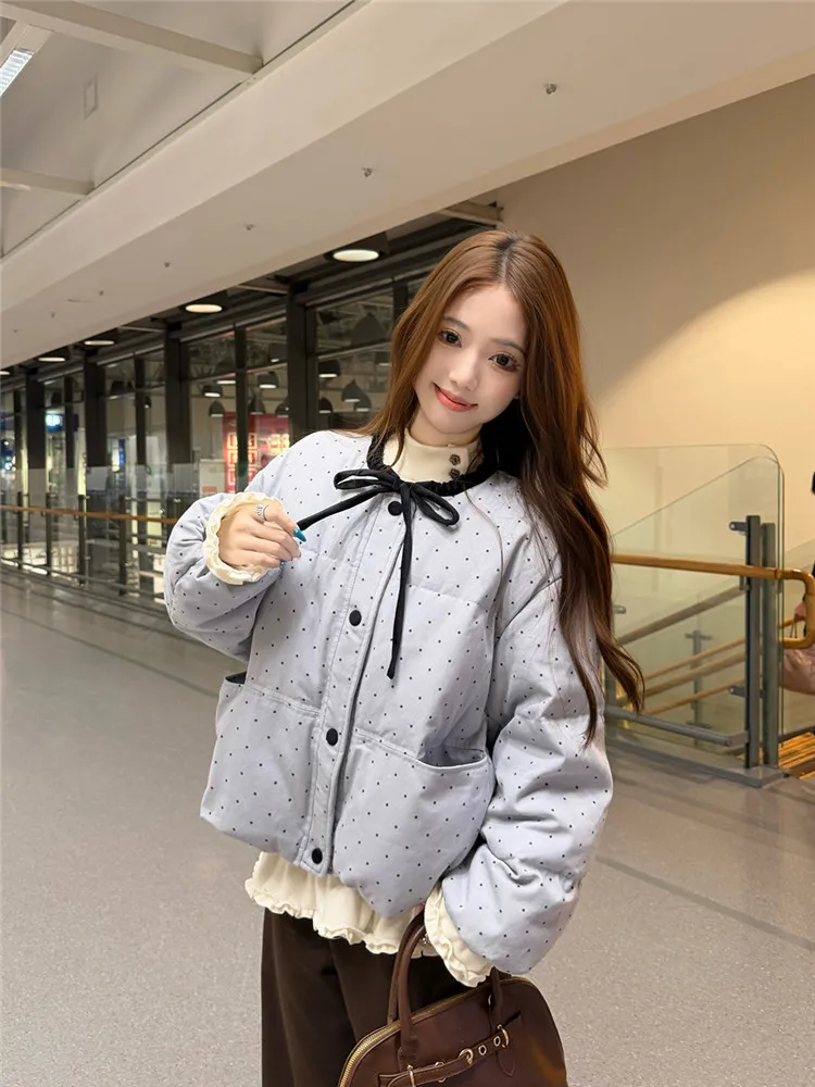 الحلو فتاة الوردي الأزرق البولكا نقطة قصيرة سترة موضة سترة سميكة جديد الشتاء المرأة س الرقبة لطيف القوس معطف فضفاض معطف دافئ غير رسمي #5