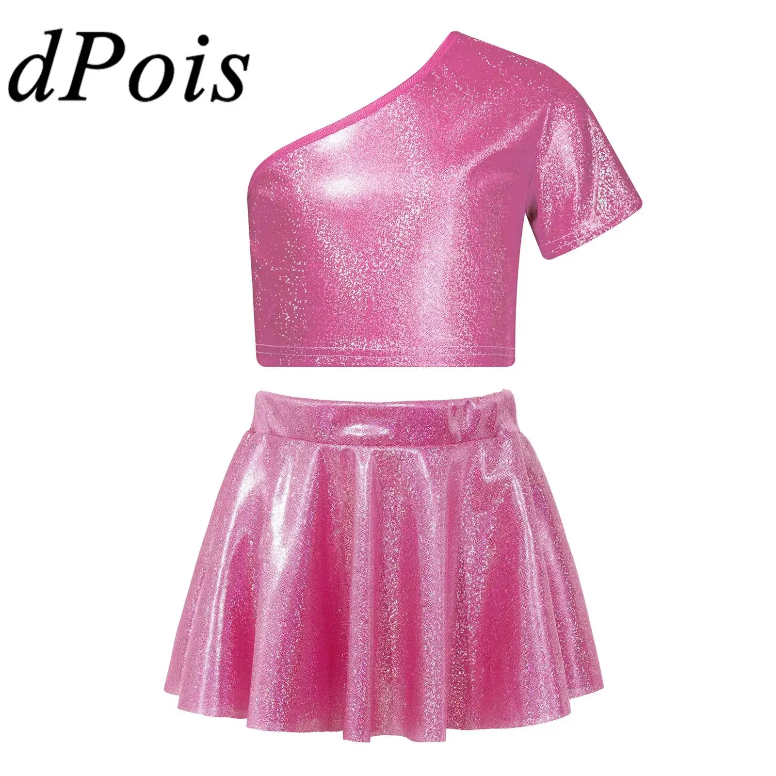 Kids Girls Jazz Dance Outfit Children Performance Hiphop Clothes Set Cheerleading Costume Short Sleeve Metallic Crop Top Skirt