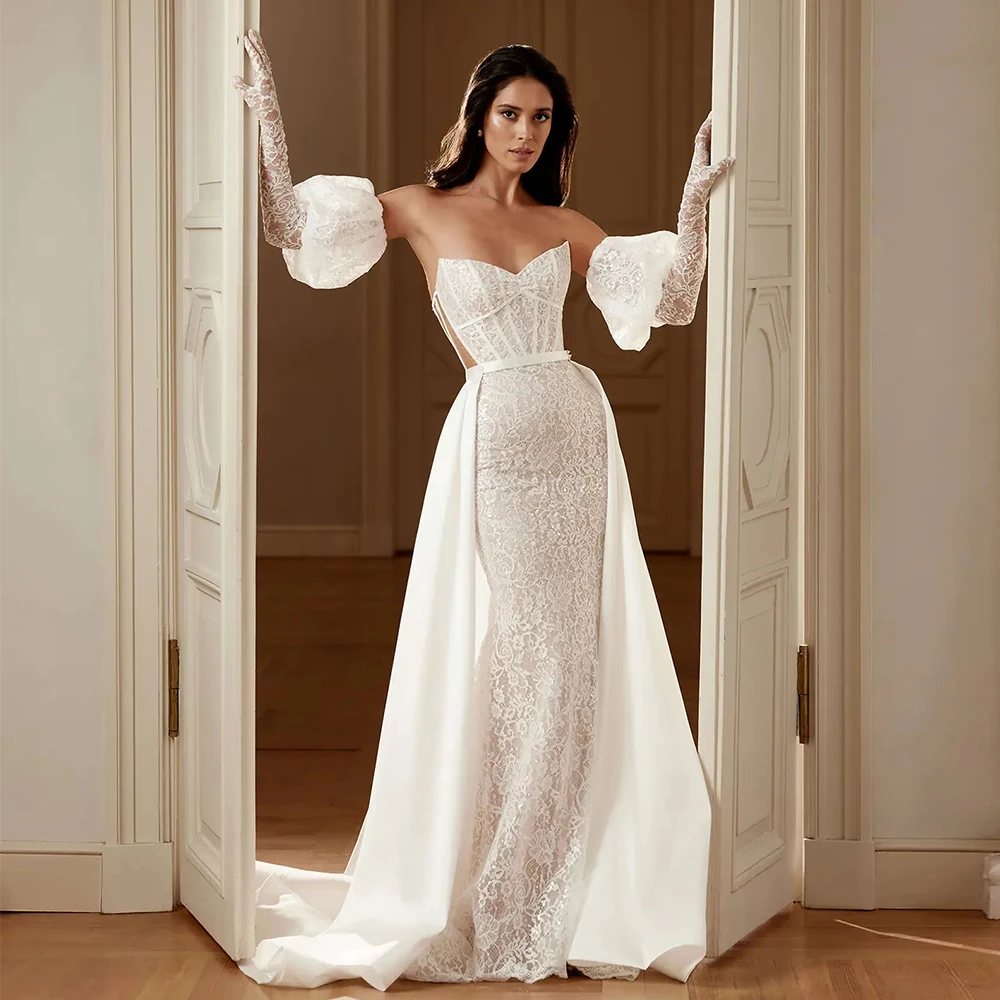 

Luxury Dresses Women 2025 Wedding Lace Sheath/Column Wedding Party Dress Ivory Sweetheart Puff Sleeve Tailing Hall Wedding Dress