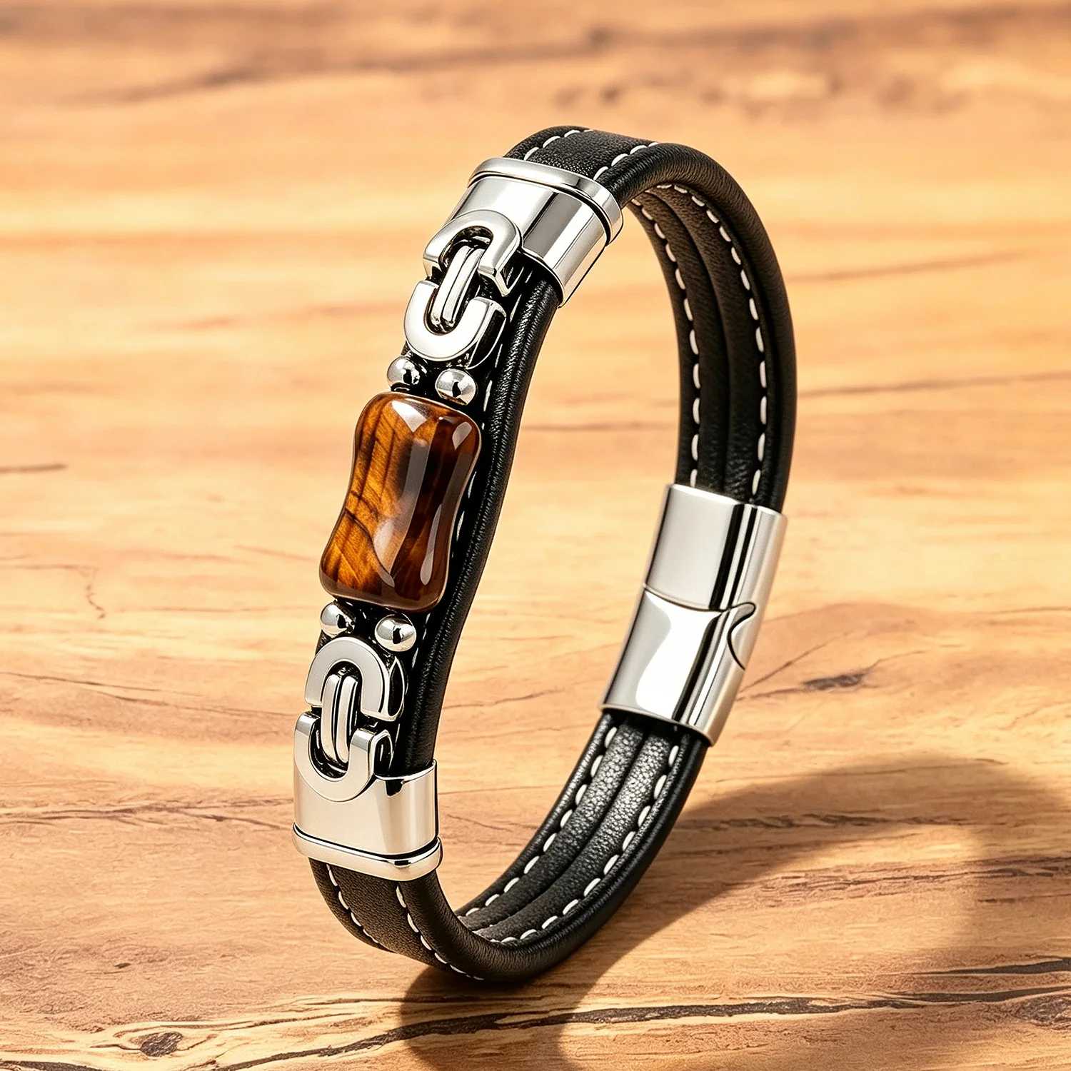 Vintage Punk-Rock Lederarmband für Männer, 8 Stile mit Natursteinperlen, Biker Casual Alltagsschmuck für Männer – Detail 7