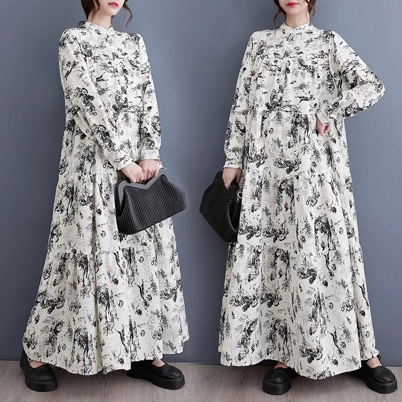 

2024 Spring New Artistic Print Loose Dress Casual Fashion Korean Style Temperament Long Dress Large Size Women Clothing Z4210