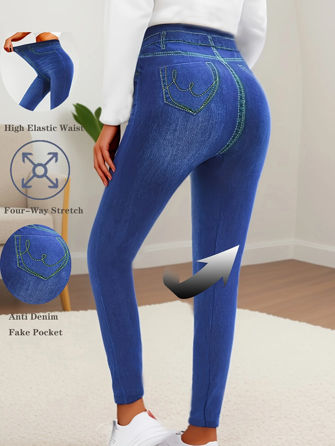 

Leisure Fitness Women's Exercise Sports Imitation Denim Leggings With Fake Pockets High Elasticity Nine Point Pencil Pants