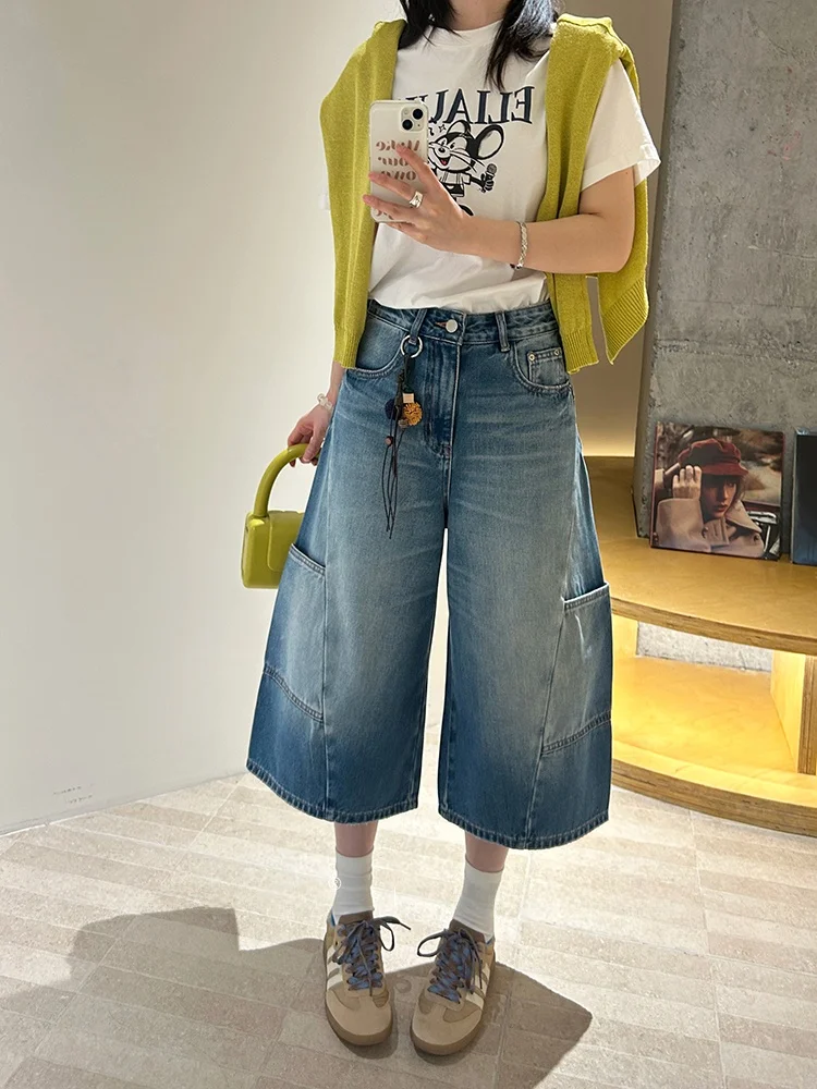 

High Waist Wide Leg Denim Jeans Loose Fit Seven Inches Blue Cotton No Stretch Workwear Style Commute Wind Spring Summer