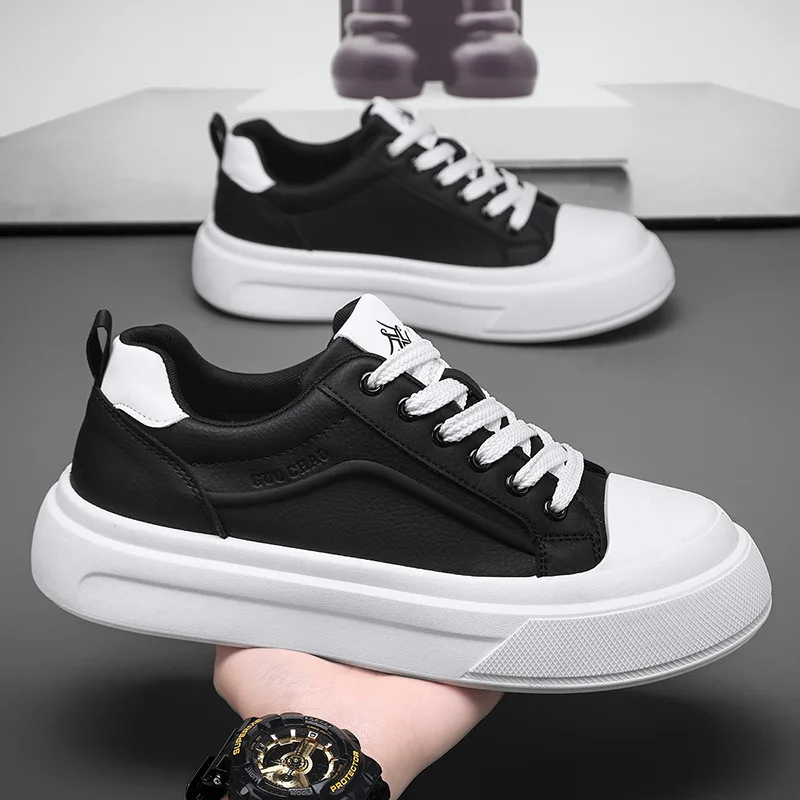 Men's leather white sneakers, versatile, casual, sporty, comfortable, breathable, platform shoes, running shoes