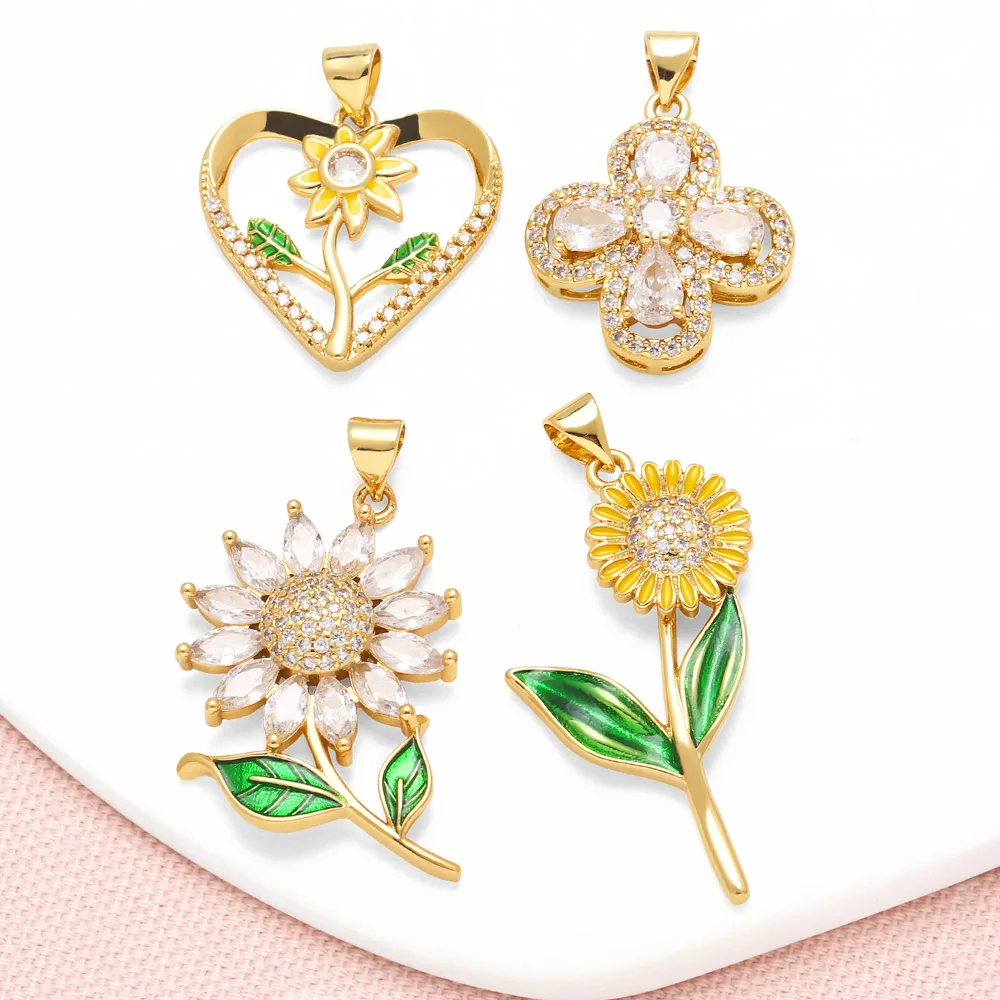 OCESRIO colgante de girasoles esmaltados grandes para collar, cristal blanco cobre, trébol de cuatro hojas, corazón, suministros para fabricación de joyas pdta195