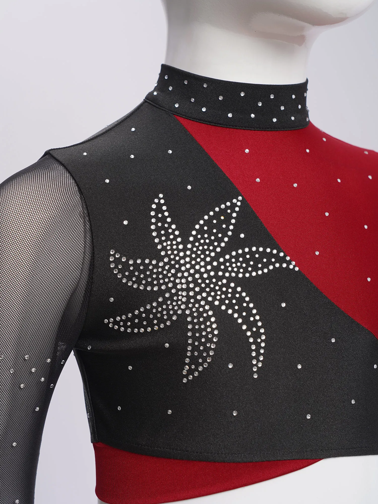 Girls Lyrical Dance Costume Sheer Mesh Long Sleeve Rhinestone Crop Top Leotard Skirt for Modern Dancing Figure Skating Ballet view 4