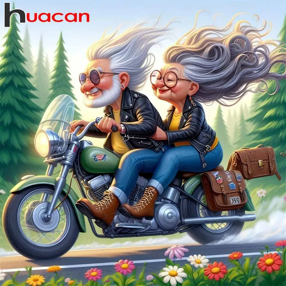 Huacan Full Round Square Diamond Mosaic Elderly Portrait Motorcycles Landscape 5D Diamond Painting Wall Decoration