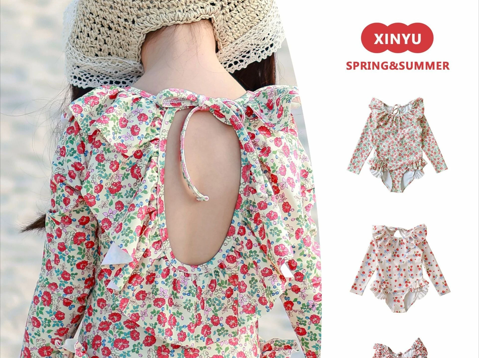 Girls Instagram Beach Vacation Backless One Piece Swimsuit 2025 Baby Long Sleeved Sunscreen Swimsuit Princess Cute Swimsuit