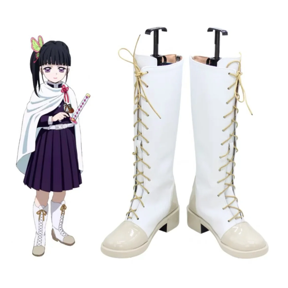 Demon Slayer Cosplay Shoes Tsuyuri Kanao Cosplay Boots Shoes Knee-high Lace-up White Boots