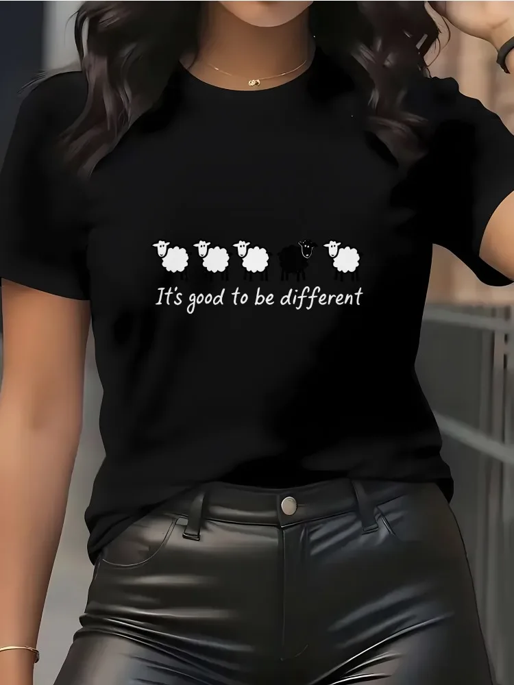 Ladies' Casual Short Sleeved T-shirt With Sheep Pattern Print Round Neck Design Harajuku Clothing Summer Basic Fashion Tee Top