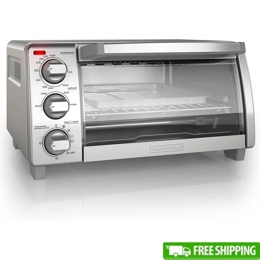 

4 Slice Toaster Oven 4 in 1 Toast Bake Broil Keep Warm Timer Stainless Steel Countertop Kitchen Appliance Removable Crumb Tray