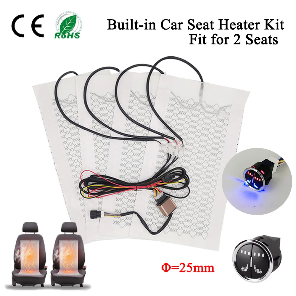 12V Universal Built-in Car Seat Heater Fit 2 Seats Carbon Fiber Seat Heating Pad 3 Levels Round Double Control Switch System