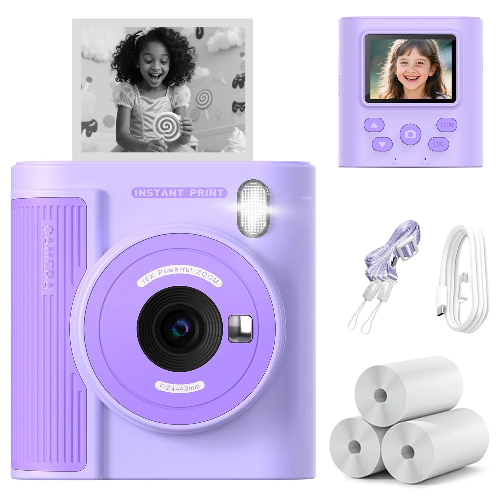 Kids Instant Print Camera 1080P HD Digital Camera for Children Dual Lens Selfie Video Camera with 3 Rolls Paper Games Gift