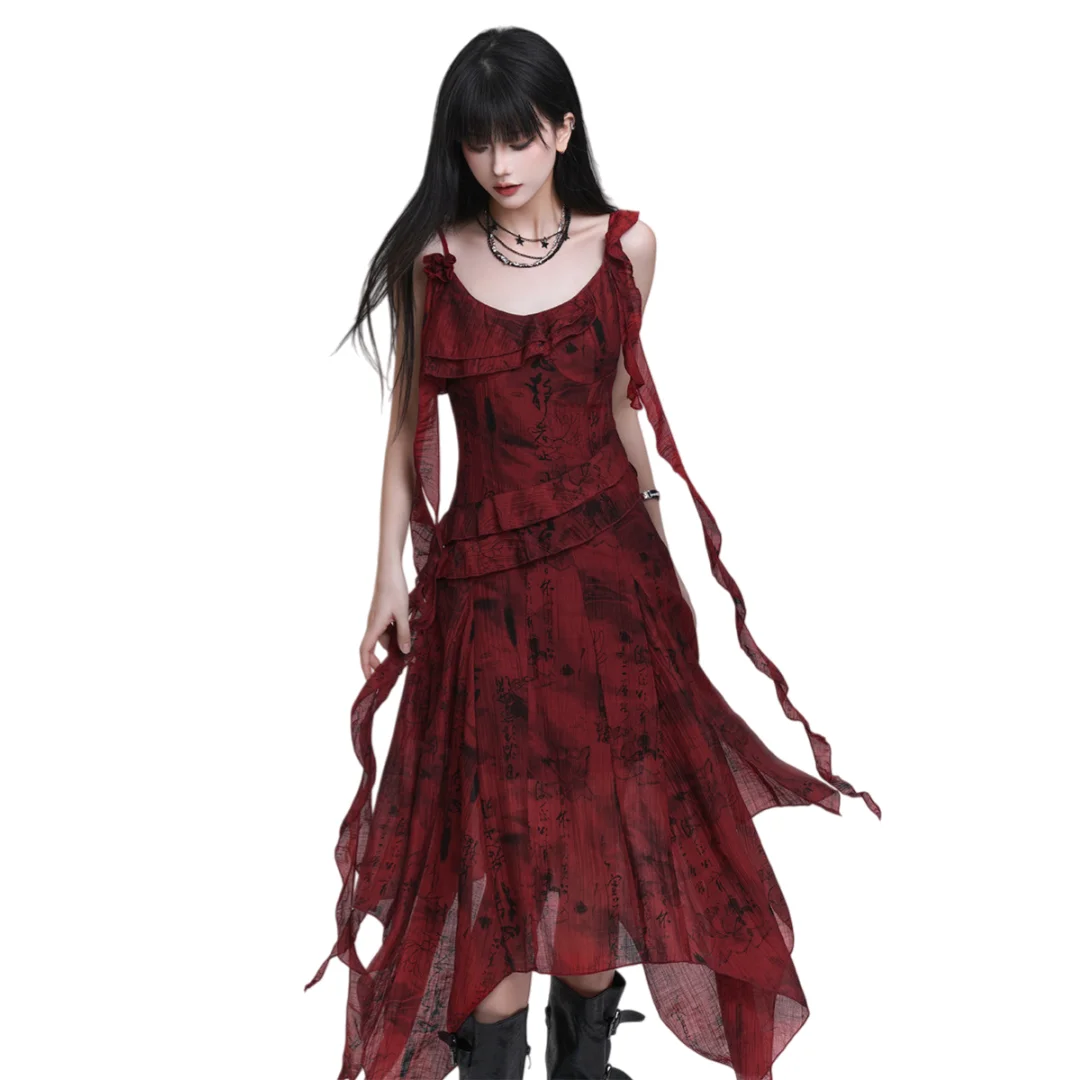 Punk Women Strap Dress Irregular Red Cami Dress Ghost Girl Stunning Slip Dress For Beach Vacation Concert Outfit