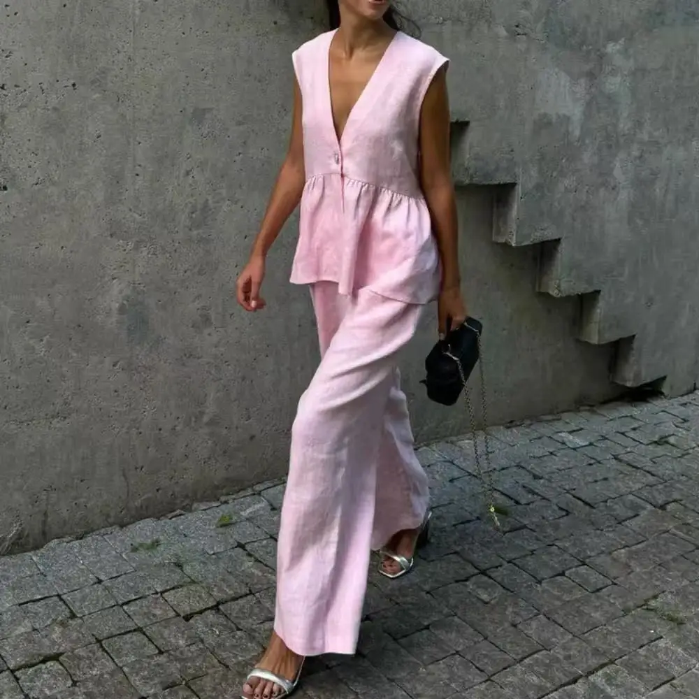 

Elegant Women Two Piece Sets Fashion Summer Sleeveless Single Breasted Vests Wide Leg Pants Suit Casual Office Lady New Outfits
