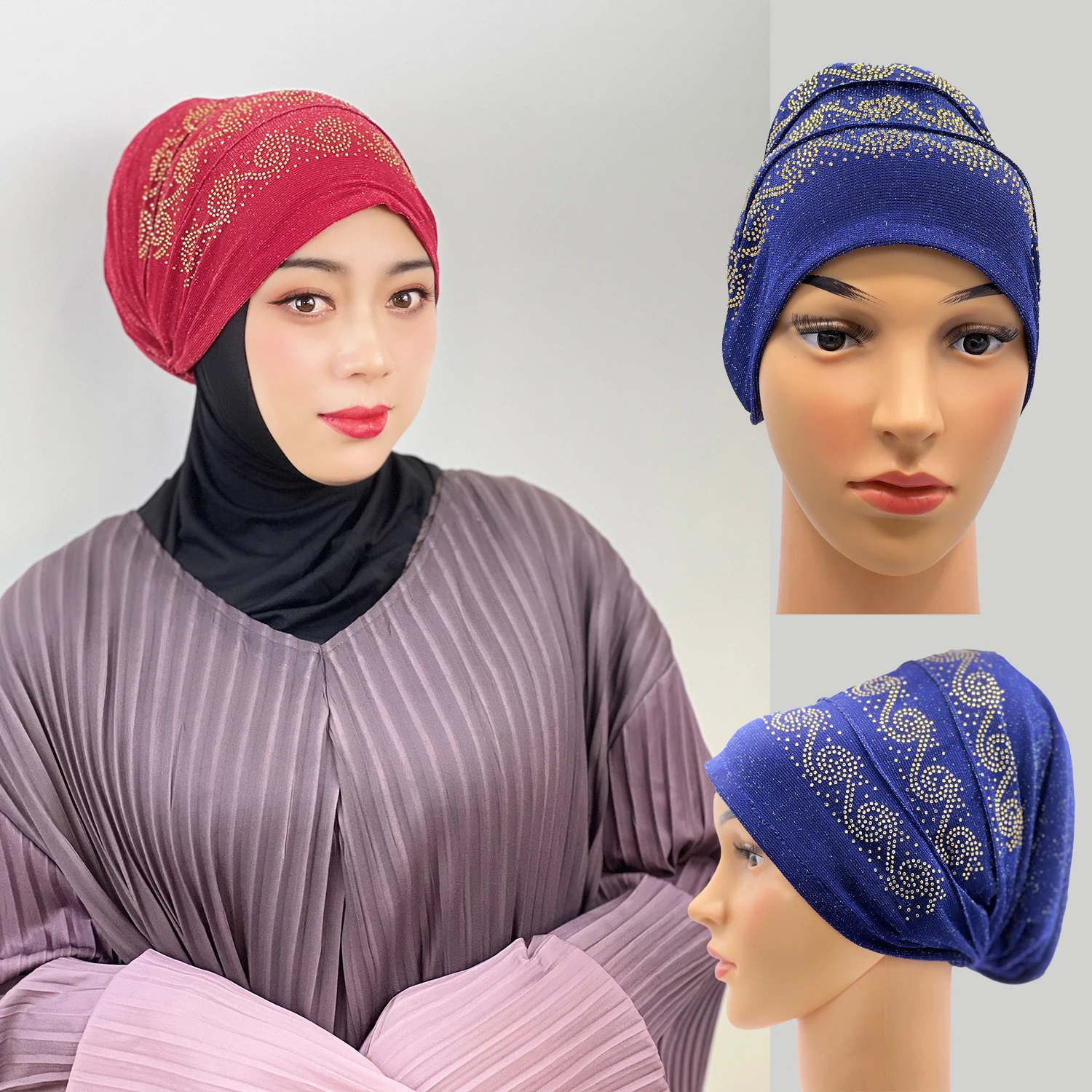 Pattern Hat New Silver Wire Hot Drill Hat Solid Color Women\'s Turban Hat Elastic Women\'s Turban Muslim Turban Turkish Hat Arabic