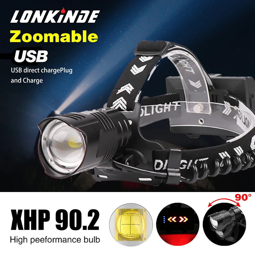 

XHP90.2 Zoomable Headlamp 10000LM Outdoor LED Headlight 18650 Battery USB Rechargeable Waterproof Emergency Head Camping Light