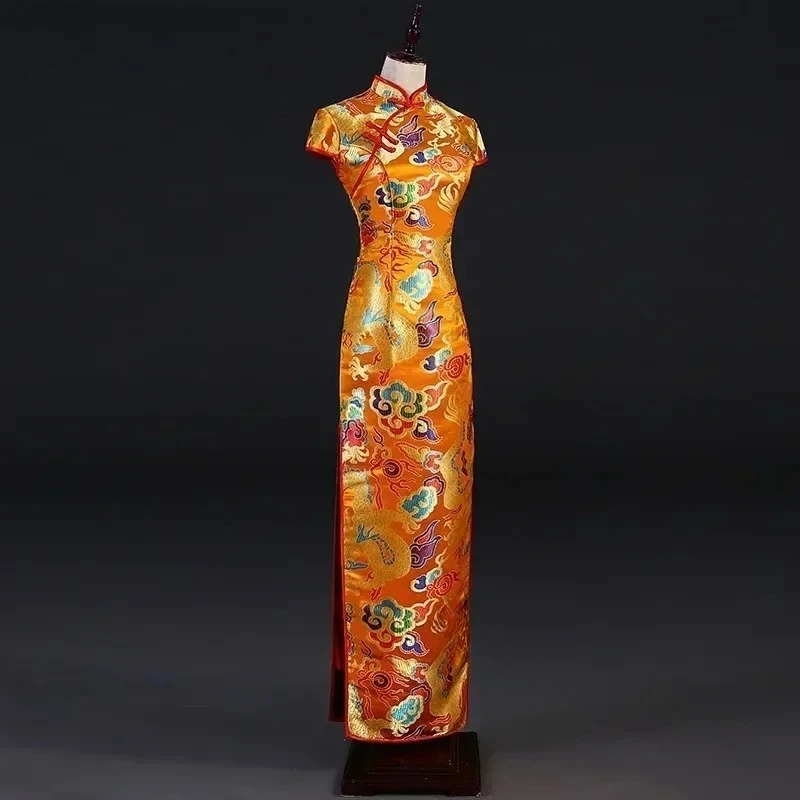 Chiński nowy rok kobiety ubrania długa sukienka czerwony cheongsams qipao suknia ślubna plus size kobieta wieczór jedwabna satyna Dragon Phoenix