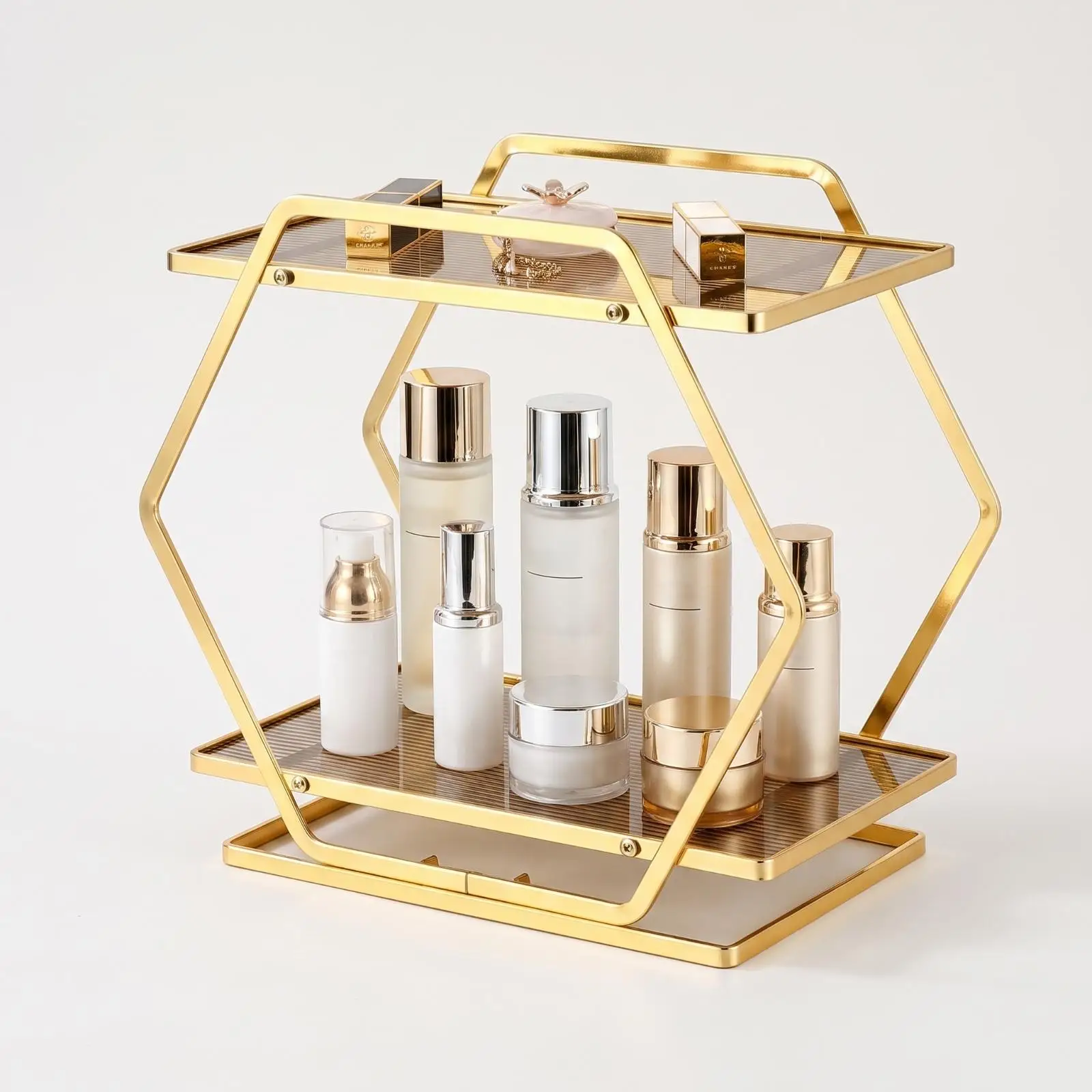 Geometric Vanity Organizer Shelf for Makeup Storage Rack with Elevated Open Design for Small Spaces