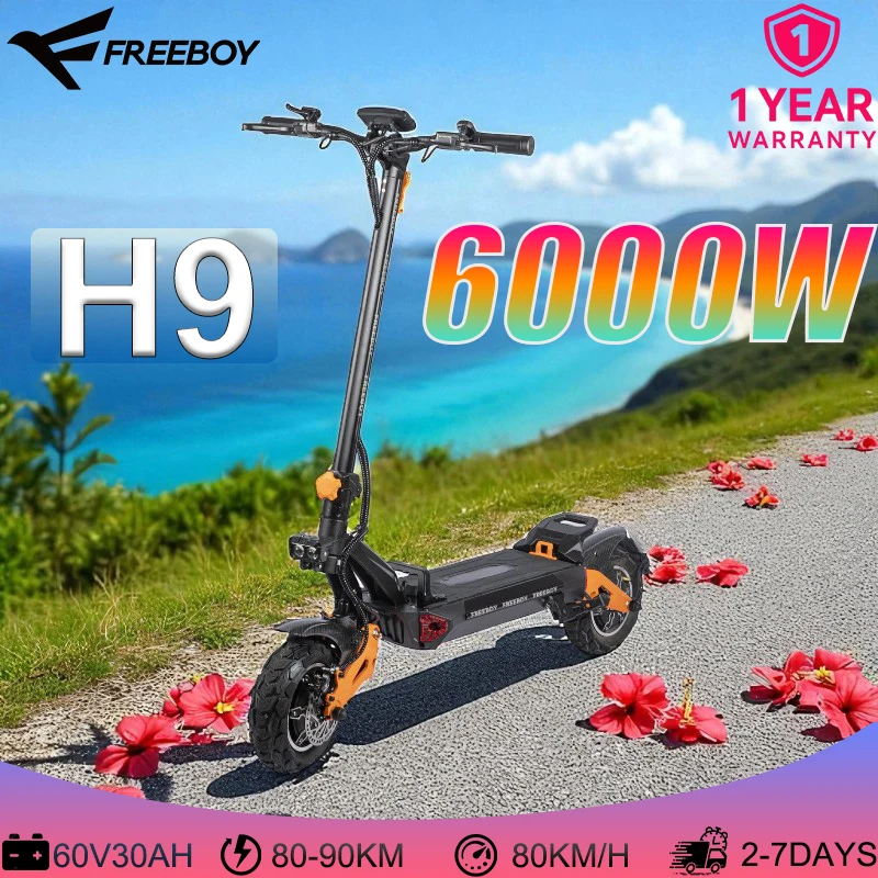 

H9 Electric Scooter Dual 3000W Motors 60V30Ah Battery 11" Off Road Tires 80KMH Top Speed 90KM Range 440lbs Load Dual Disc Brakes