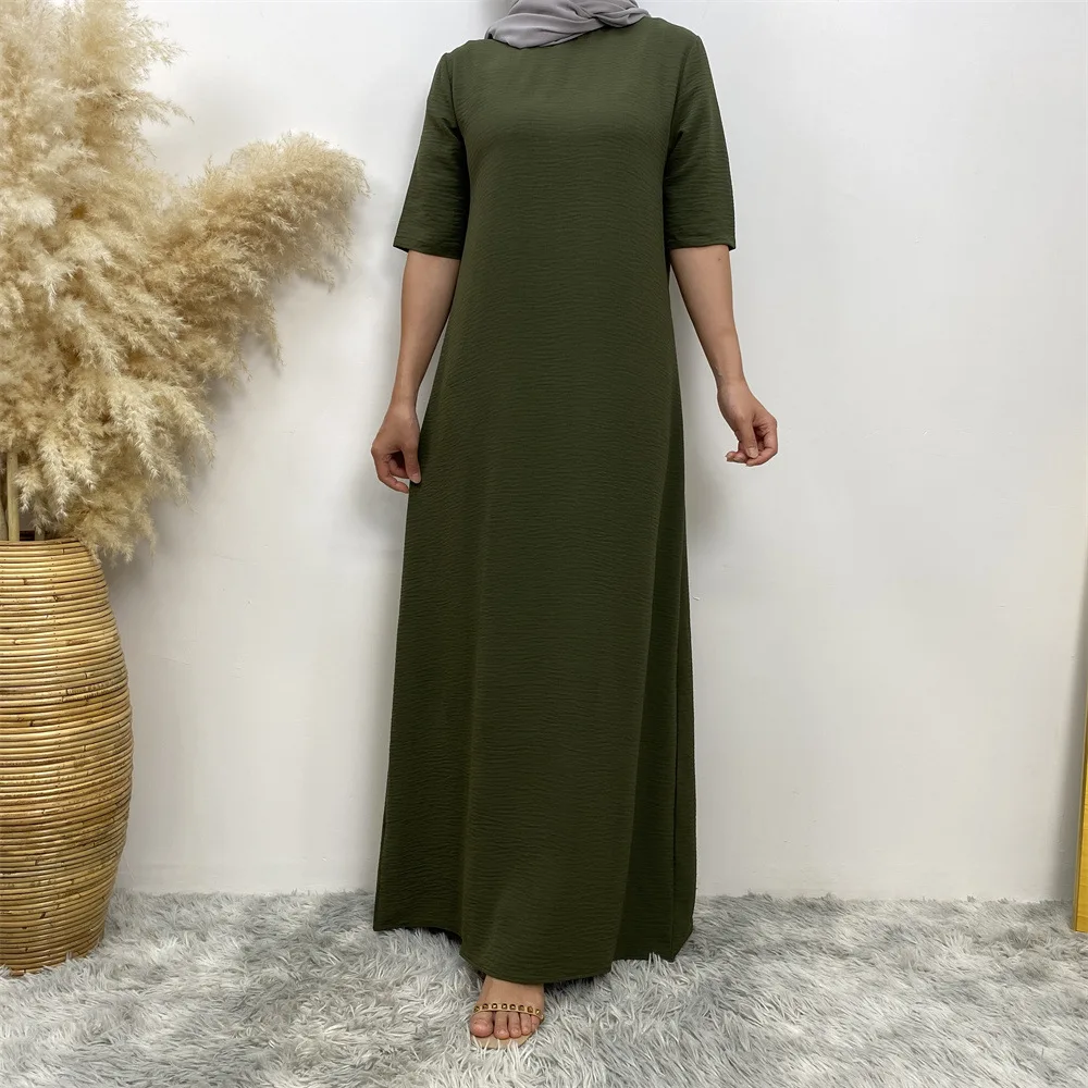 Women Short Sleeve Maxi Dress Solid Color Under Abaya Muslim Dubai Kaftan Islamic Clothing Arabic Robe Turkey Jalabiya Vestidos