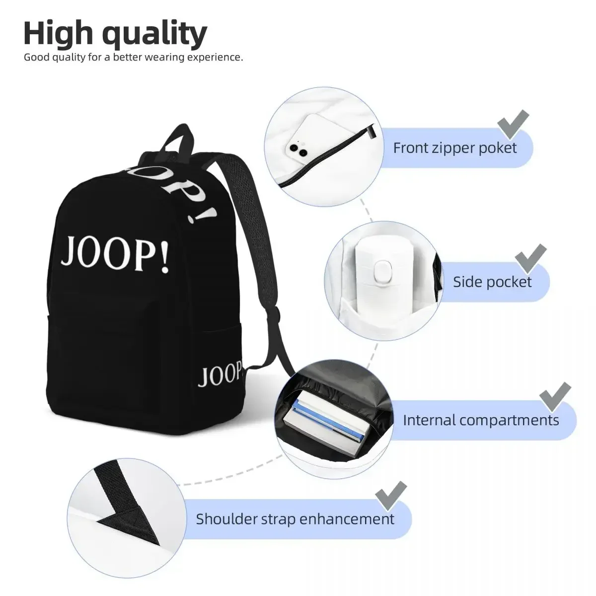 حقيبة ظهر عصرية مطبوعة بشعار Joops للرجال والنساء، حقيبة ظهر رائعة للمدرسة الثانوية والمشي لمسافات طويلة والسفر، حقيبة كتف للكمبيوتر المحمول في الهواء الطلق