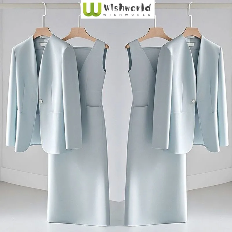 

Fashionable and Elegant Women's Set Spring and Autumn Western Style High-end Feeling Blue Jacket Casual Dress Two-piece Set