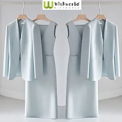 Fashionable and Elegant Women's Set Spring and Autumn Western Style High-end Feeling Blue Jacket Casual Dress Two-piece Set