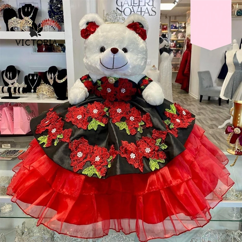 

Red Flowers Embroidery Black Satin Personalized Quinceanera Teddy Bear Dress Sweetheart Lace Flowers Appliques Crystals Beads