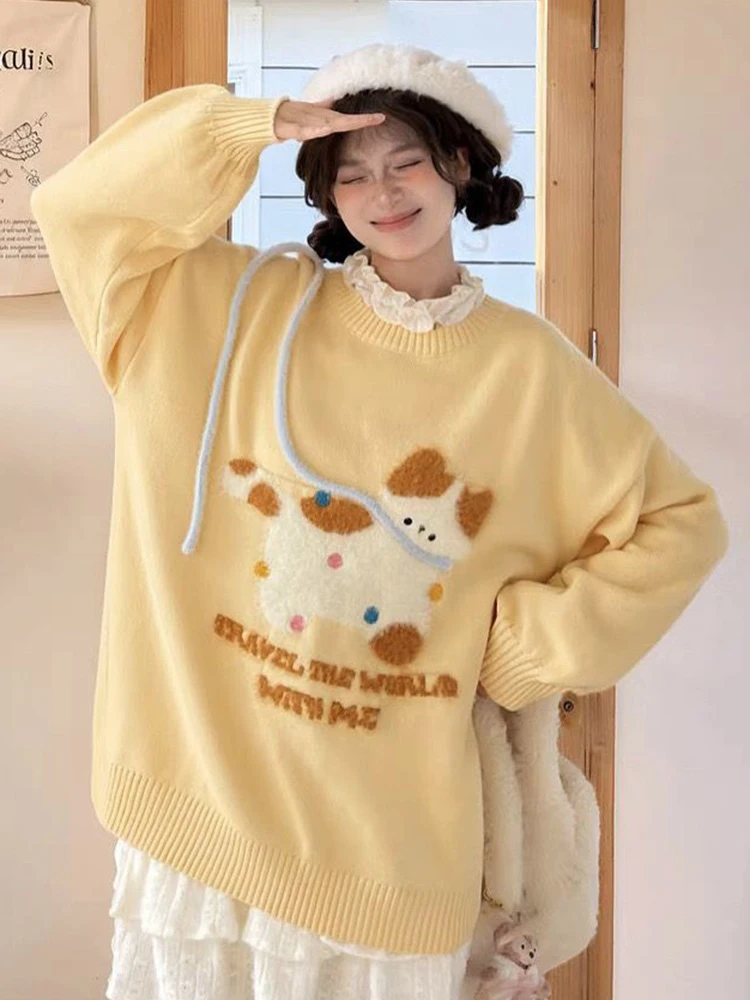 

Милые шикарные свитера с героями мультфильмов, женские милые желтые вязаные джемперы с длинными рукавами, повседневные женские топы в консервативном стиле с круглым вырезом, японские топы Kawaii, новые