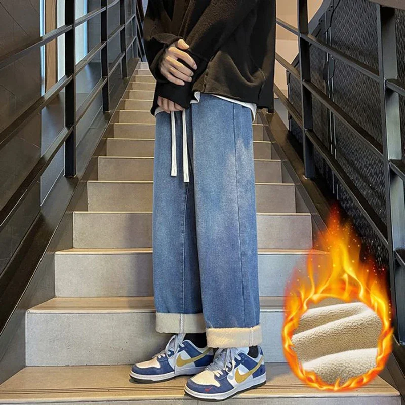 Pantalones vaqueros ajustados elásticos de felpa cálidos para hombre, pantalones vaqueros gruesos con forro polar a la moda, pantalones informales de calle alta