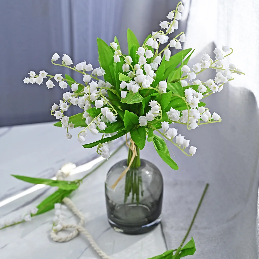 6PC/set White Lily of The Valley Artificial Flower Orchid Chime Fake Flower for Wedding Party Bride Bouquet Home Table Decora