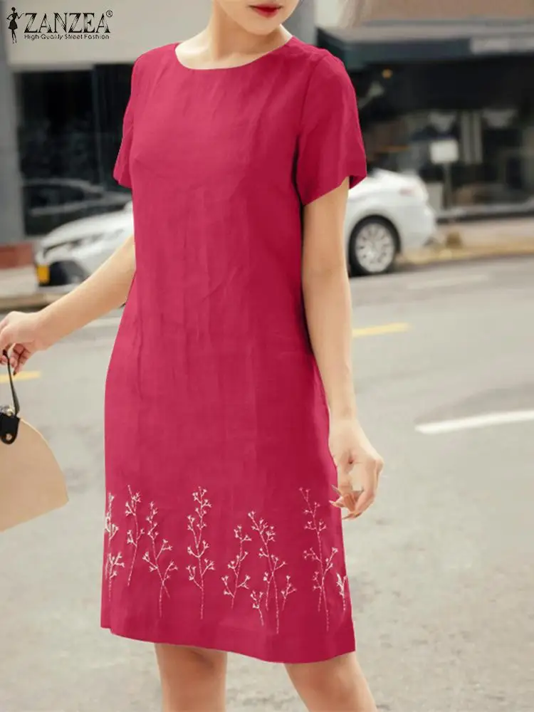 

2024 ZANZEA Summer Dress Women Elegant O Neck Short Sleeve Sundress Floral Embroidery Vestidos Fashion Holiday Party Midi Dress