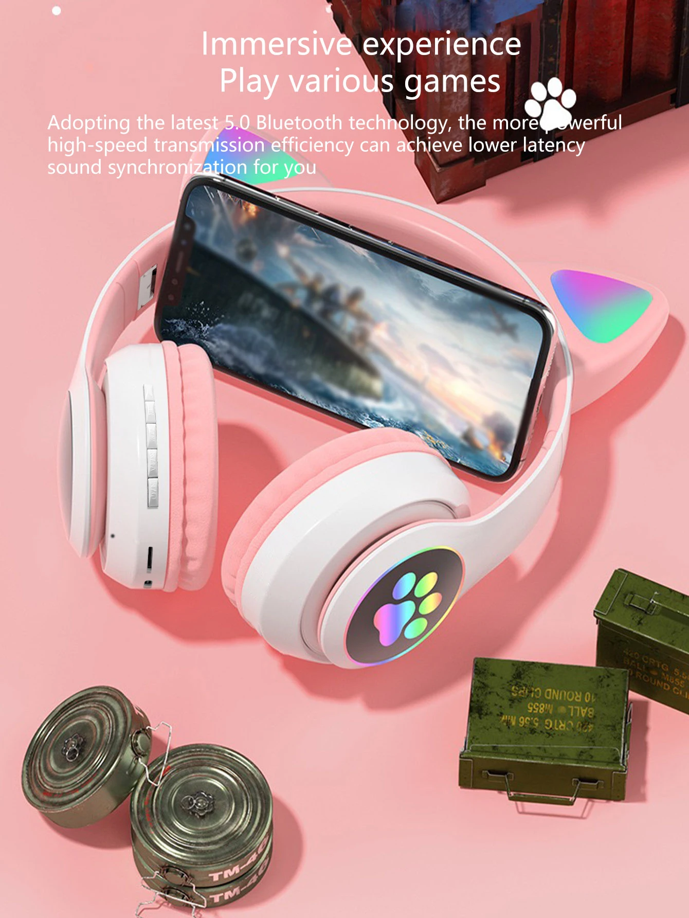 Cute Led Glowing Cat Ear Wireless Bluetooth Headphones Deep Bass_voghion.com