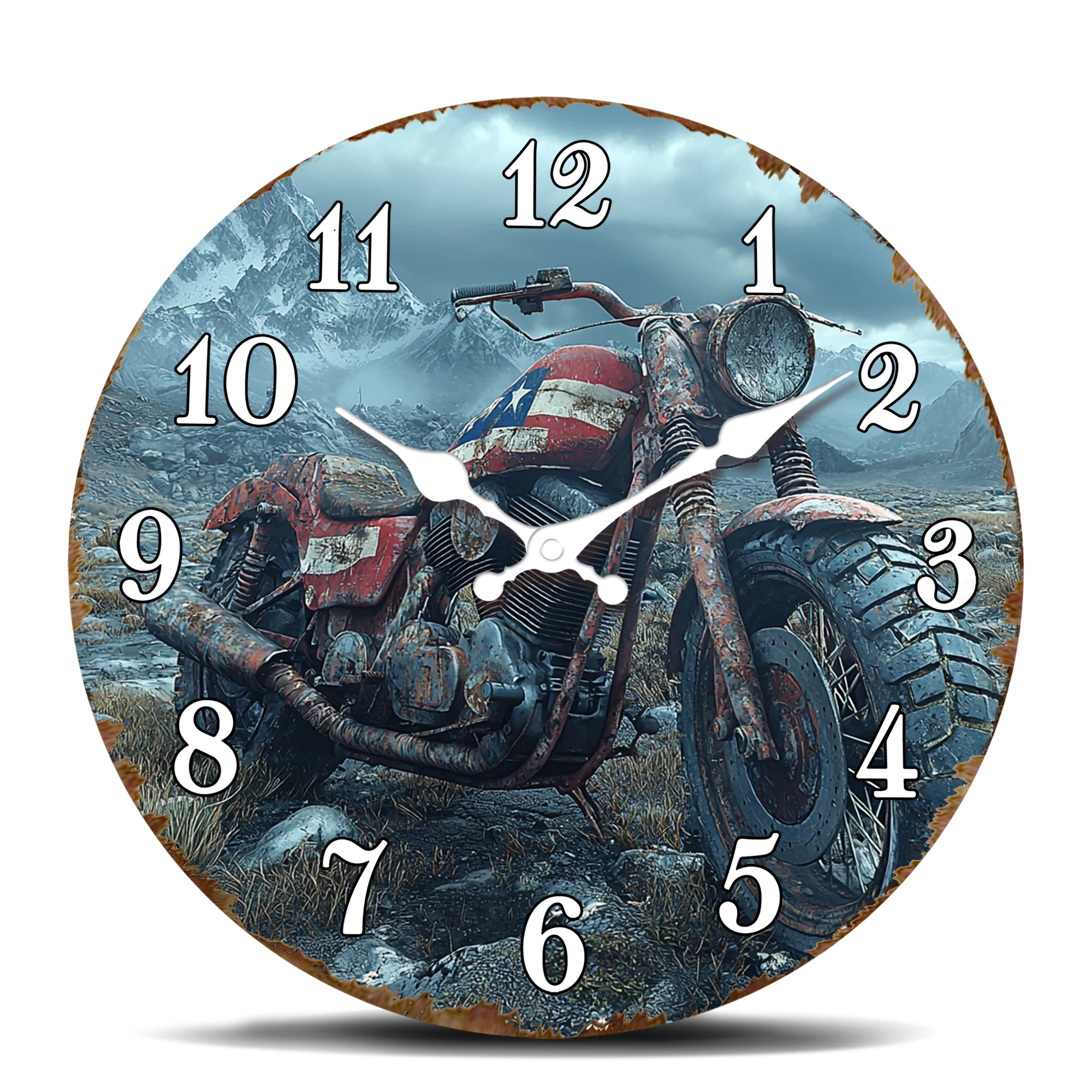 Vintage Rostiger Motorrad-Wanduhr im Bergdesign, Retro-Fahrrad-Enthusiasten Dekorative Zeitmesser, Outdoor-Abenteuer-Stil Uhr