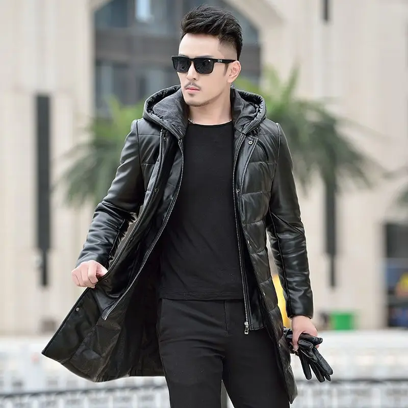 Genuine Leather Coat Men Mid length Hooded Sheepskin Puffer Jacket Man Winter Detachable Access Control Leather Down Coat Male