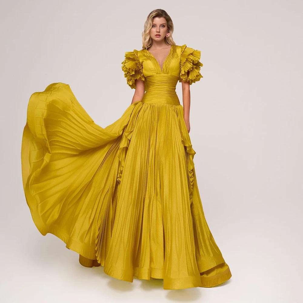 Gold Yellow Formal Pleated Prom Dresses 2025 Couture Draped Ruffles Cap Sleeves Long Evening Party Dress فساتين سهرة Custom Made