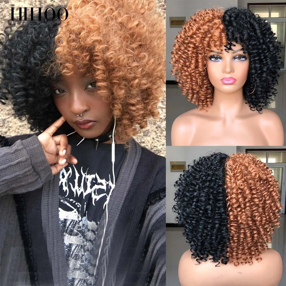 

Halloween Wigs Cosplay Lolita Synthetic Wig Short Afro Curly Wigs With Bangs For Black Women Natural Blond Honey Brown Blue Red