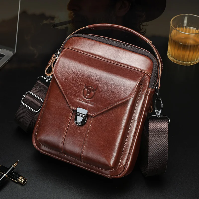 

BULLCAPTAIN Mens Leather Messenger Bag Retro Shoulder Bags Small Crossbody Bags Purses Casual Sling Pack for Travel Handbag