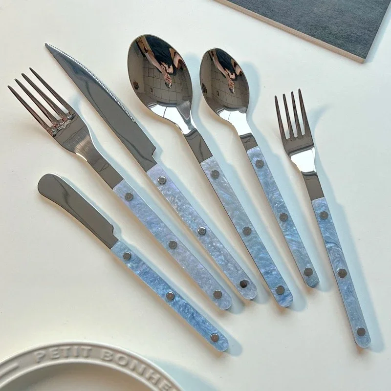 Korean Blue Seashell Cutlery Set,Aesthetic Stainless Steel Knife Fork Spoon for Steak Dessert,Coastal Style Tableware &Gift Idea