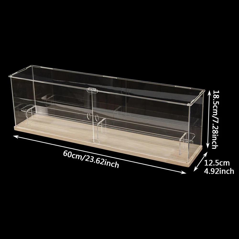 60cm Long Clear Acrylic Blind Box Display Case Solid Wood Base 2 & 3 Adjustable Tiers Dustproof Figurine Action Figure Organizer Showcase Cabinet Magnetic Front Door for Pop Mart Collectibles Desktop image 3