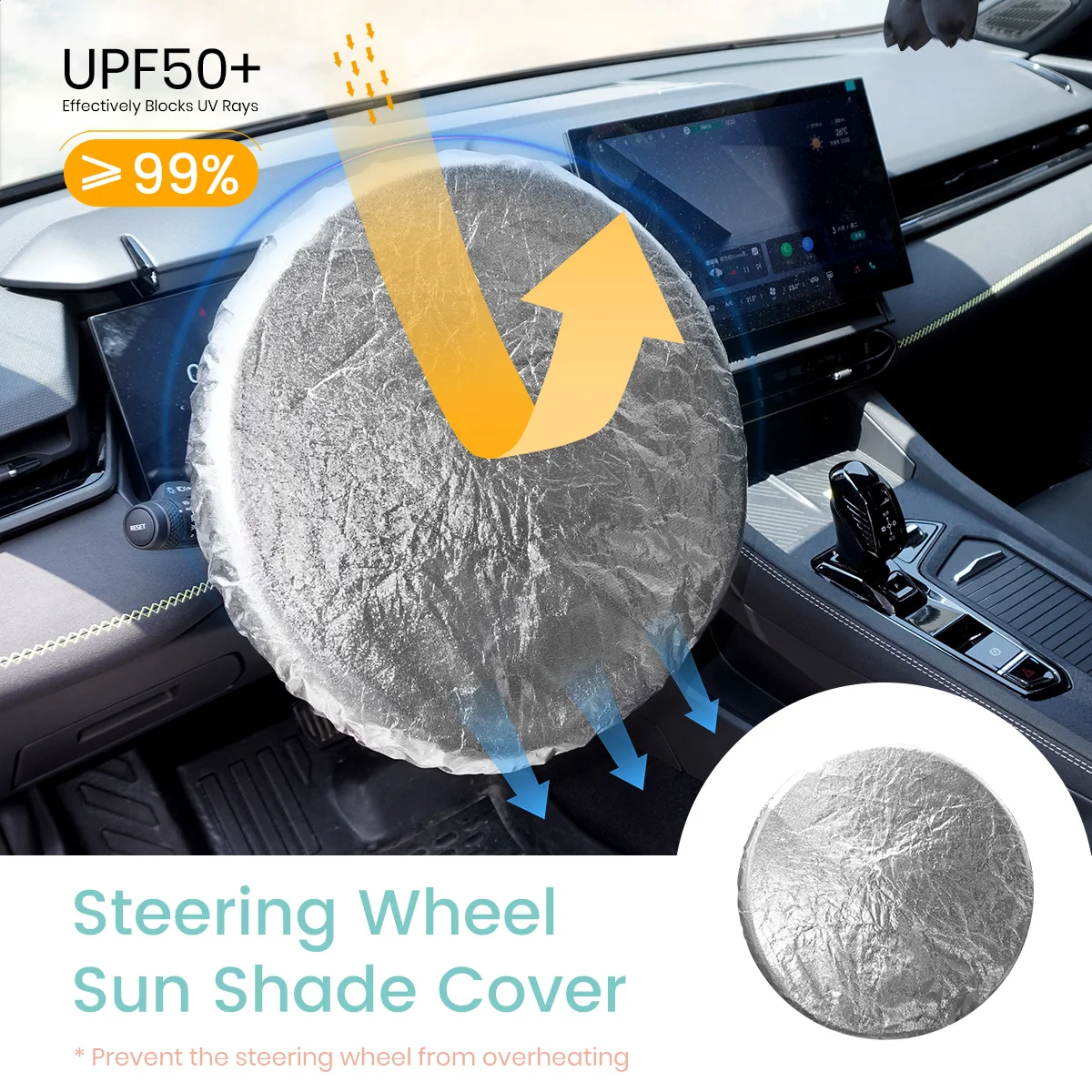 1PC Auto Lenkrad Abdeckung Sonnenschutz, Aluminium Film Beflockte Doppel-Schicht Isolierung Für Blockieren Sonne & Wärme