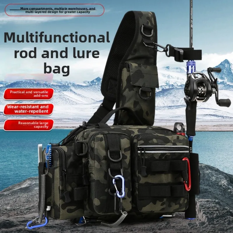 

Premium Waterproof Fishing Bag-Large Capacity Lure Organizer with Rod Sleeves,Oxford Tactical Sling Pack for Waist & Chest Carry