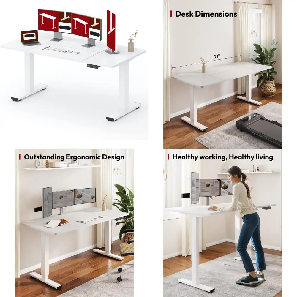 Height Adjustable Electric Standing Desk 71x32 Inches for Home Office with Splice Board, White Frame, Ergonomic Sit-Stand Desk
