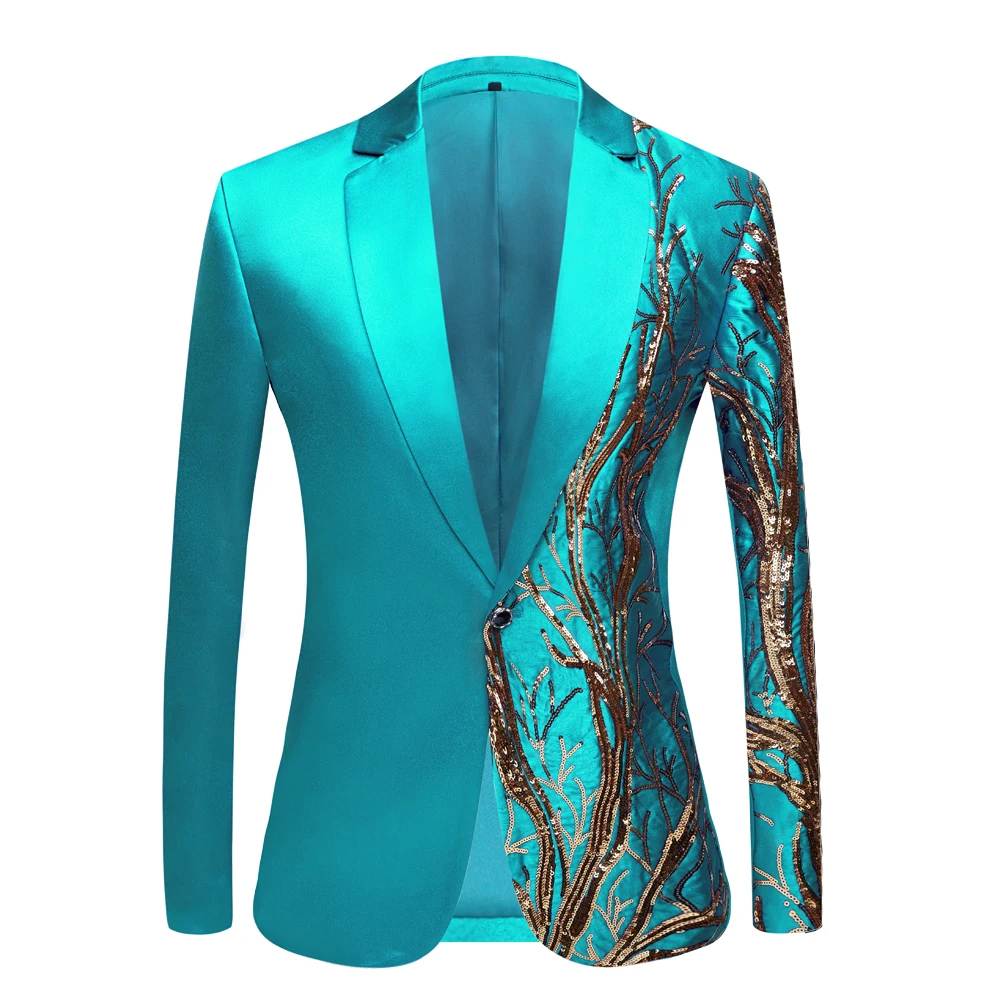 Chaqueta de traje de lentejuelas verdes brillantes para hombre, cuello de Chal, un botón, esmoquin brillante, Blazers para hombre, fiesta de